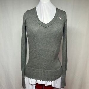 Abercrombie Fitch Gray V Neck Long Sleeve Preppy Cotton Kit Sweater Women's L